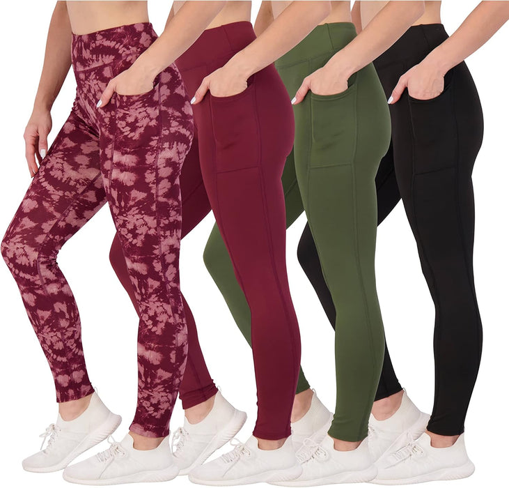 4-Pack: Women'S Full Length Fitted Athletic Yoga Performance Leggings with Pockets (Available in plus Size)