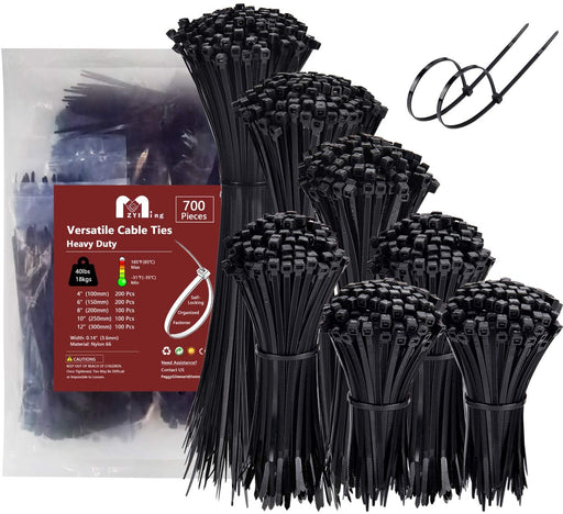 Zip Ties Assorted Sizes 700 Pack 4+6+8+10+12 Inch Cable Ties Heavy Duty 40Lbs Plastic Wire Ties UV Resistant Zipties Black Small Zip Tie Wraps Assortment Cord Management for Home, Office, Gardening