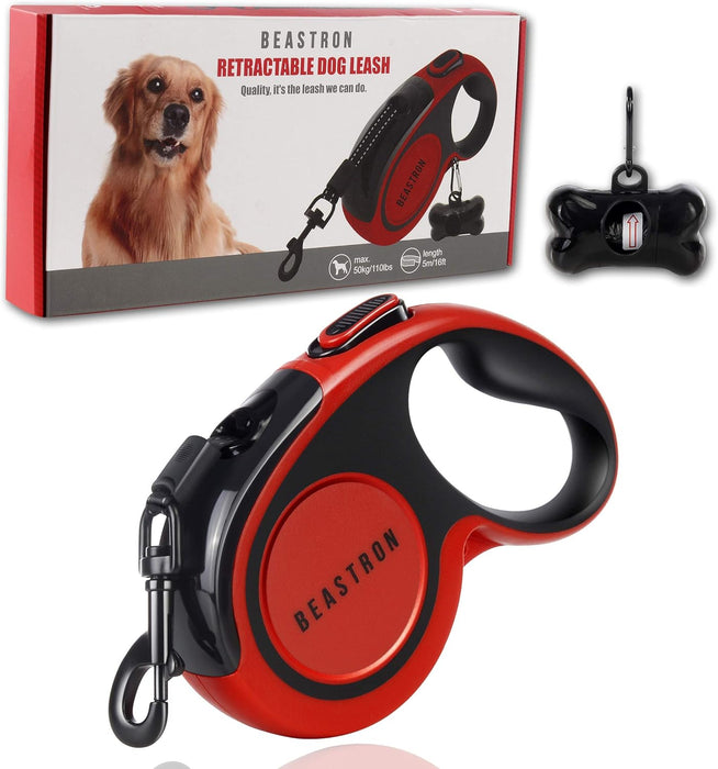 Upgraded Retractable Dog Leash, 16" Extra Long Tangle-Free Reflective Nylon, Small to Medium Dogs up to 110Lbs, Waste Bags and Dispenser Included (Red)