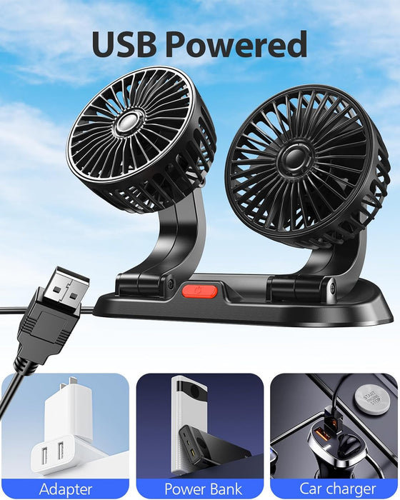 Car Fan - Dual Head USB Fan for Car, Portable Vehicle Cooling Fan - Brushless Motor(2024 Upgraded) - 3 Speeds, 360° Rotation, for Car Dashboard, Suv/Rv/Truck/Sedan/Cruise/Office, USB Powered