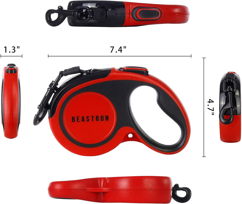 Upgraded Retractable Dog Leash, 16" Extra Long Tangle-Free Reflective Nylon, Small to Medium Dogs up to 110Lbs, Waste Bags and Dispenser Included (Red)