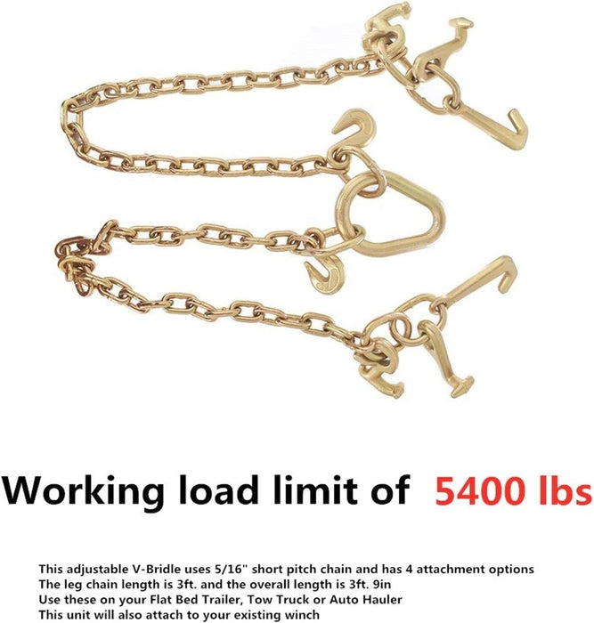 Tow Chain Grade 70 Chain V-Bridle with RJT Cluster Hooks Tow Truck Winch Cable Pull Wrecker Recovery Grab