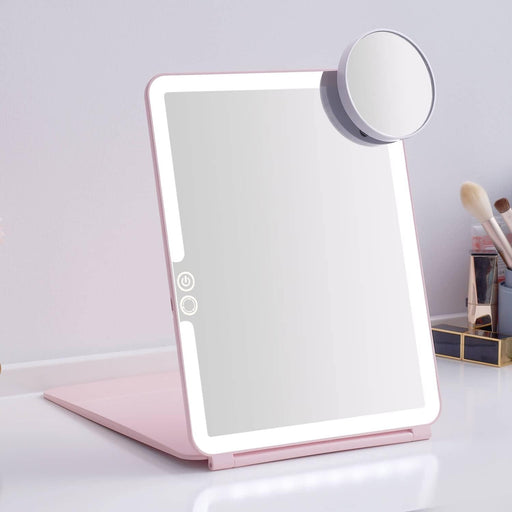 LED Foldable Travel Makeup Mirror - 5X7 Inches 3 Colors Light Modes USB Rechargeable Touch Screen, Portable Tabletop Cosmetic Mirror for Travel, Cosmetic, Office (Black)