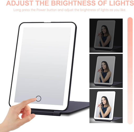 LED Foldable Travel Makeup Mirror - 5X7 Inches 3 Colors Light Modes USB Rechargeable Touch Screen, Portable Tabletop Cosmetic Mirror for Travel, Cosmetic, Office (Black)