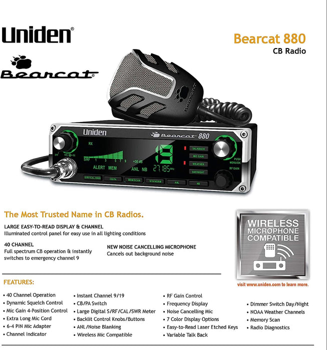 BEARCAT 880 CB Radio with 40 Channels and Large Easy-To-Read 7-Color LCD Display with Backlighting, Backlit Control Knobs/Buttons, NOAA Weather Alert, PA/CB Switch, and Wireless Mic Compatible