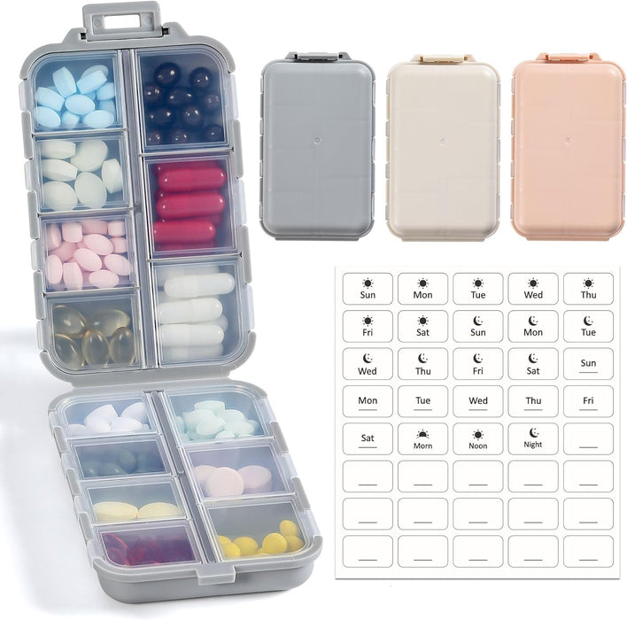 3 Pack, 14 GRIDS Travel Pill Organizer Box with Labels - Travel Medicine Case Kit - Pocket Daily Pharmacy Container - Travel Medication Holder Dispenser for Fish Oil Vitamin Supplement Storage