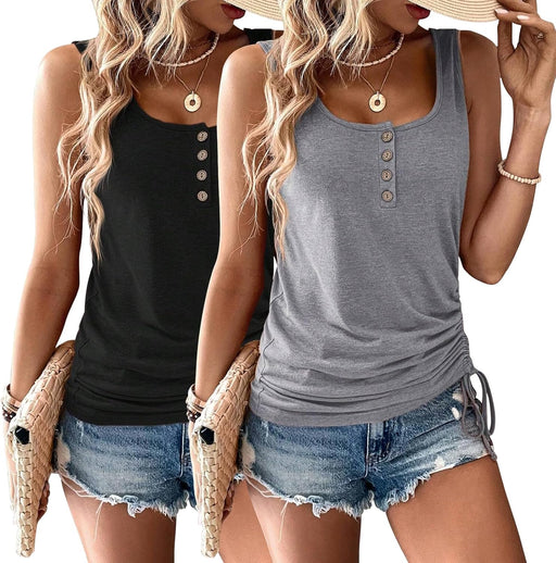 Womens Tank Tops, 2 Pack Summer Tank Tops for Women 2024, Sleeveless U Neck Loose Button Casual Henley Tops Shirts