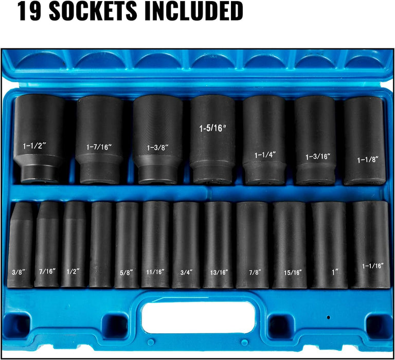 Impact Socket Set 1/2 Inches 19 Piece, Deep Socket, 6-Point Sockets, Rugged Construction, Cr-V, 1/2 Inches Drive Socket Set Impact 3/8 Inch - 1-1/2 Inch, with a Storage Cage