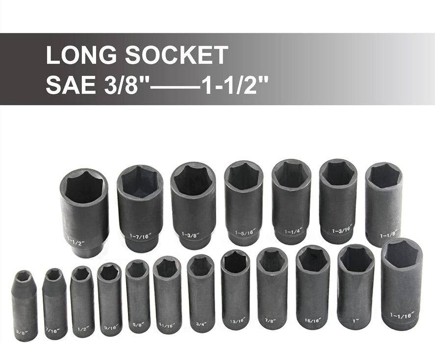 19Pcs 1/2" Impact Socket Set, 6-Point Deep Socket, Cr-V Steel, 3/8 Inch - 1-1/2 Inch