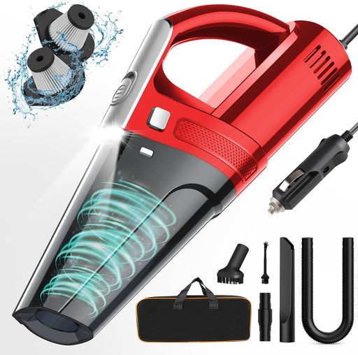 Car Vacuum, Portable Car Vacuum Cleaner with 7000PA Suction, DC 12V High Power 16.4Ft Cord Wired Vacuum Cleaner for Car, LED Light, Lightweight, 0.33L Capacity, Storage Bag, Black, VC008C