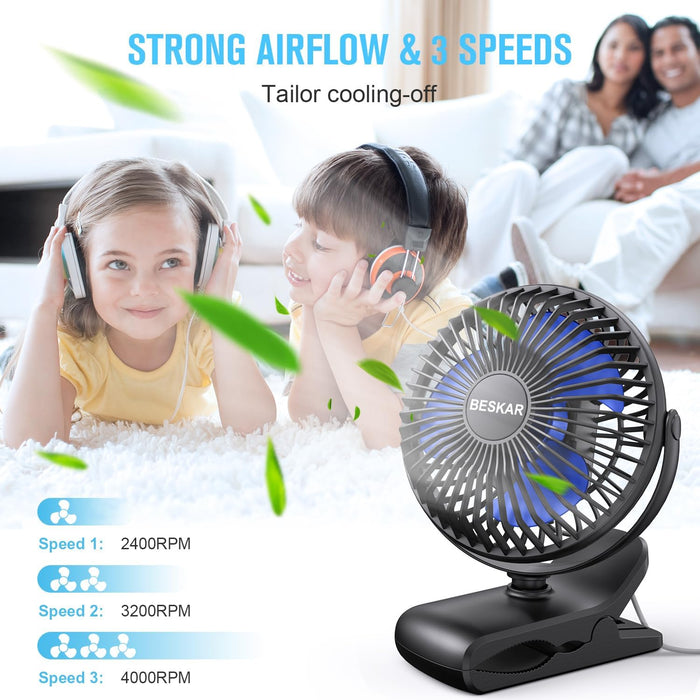 USB Clip on Fan, Portable Small Fan with Cord Powered, 3 Speeds Strong Airflow, with Sturdy Clamp, Quiet Personal Desk Fan