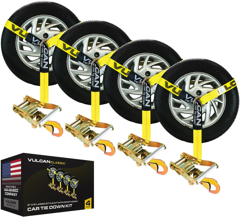 Car Tie down with Flat Hooks - Lasso Style - 2 Inch X 96 Inch - 4 Pack - High-Viz - 3,300 Pound Safe Working Load