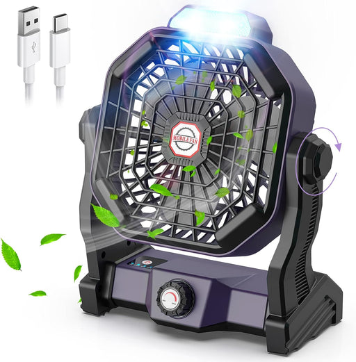 Portable Rechargeable Camping Fan for Tent, 10400Mah Battery Operated Outdoor Fan with Hanging Hook, LED Lantern, 270° Rotation, 10-Inch Small Quiet Personal Usb Cooling Fan for Travel