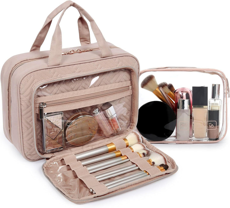 Toiletry Bag Hanging Travel Makeup Organizer with TSA Approved Transparent Cosmetic Bag Makeup Bag for Full Sized Toiletries, Medium-Pink