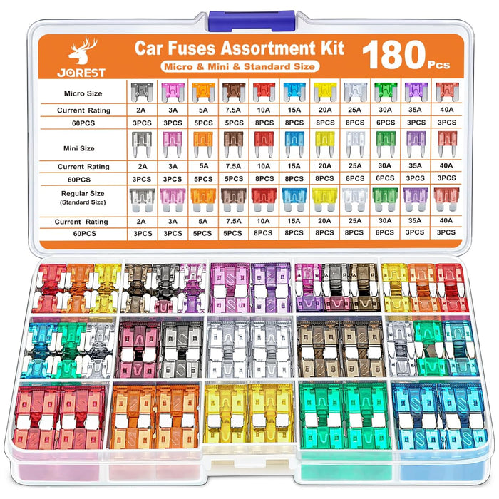 180Pcs Car Fuses Assorted Kit, 60 Mini Blade Car Fuse + 60 Standard Fuse Automotive + 60 Micro Fuse + 1 Puller –11 Specifications Mixed Auto Fuse: 2Amp 3A 5A 7.5A 10A 15A 20A 25A 30A 35A 40A