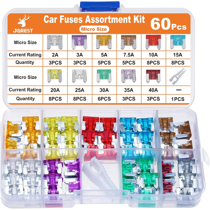 180Pcs Car Fuses Assorted Kit, 60 Mini Blade Car Fuse + 60 Standard Fuse Automotive + 60 Micro Fuse + 1 Puller –11 Specifications Mixed Auto Fuse: 2Amp 3A 5A 7.5A 10A 15A 20A 25A 30A 35A 40A