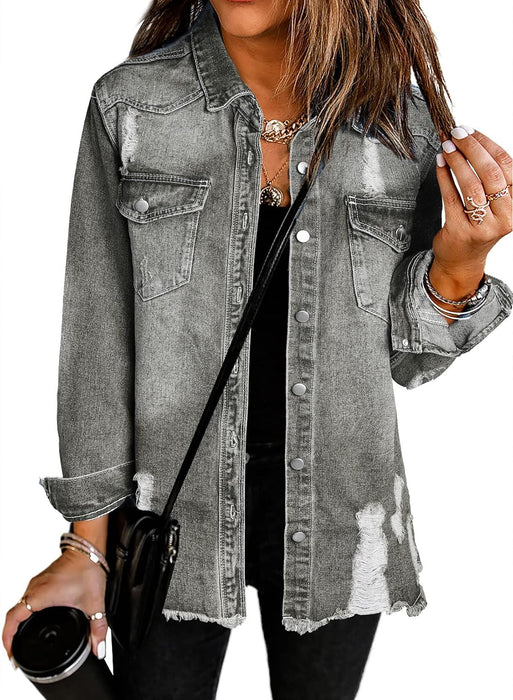 Women'S Oversized Denim Jacket Casual Long Boyfriend Distresse Jean Jacket Autumn Spring