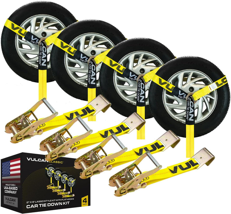 Car Tie down with Flat Hooks - Lasso Style - 2 Inch X 96 Inch - 4 Pack - High-Viz - 3,300 Pound Safe Working Load