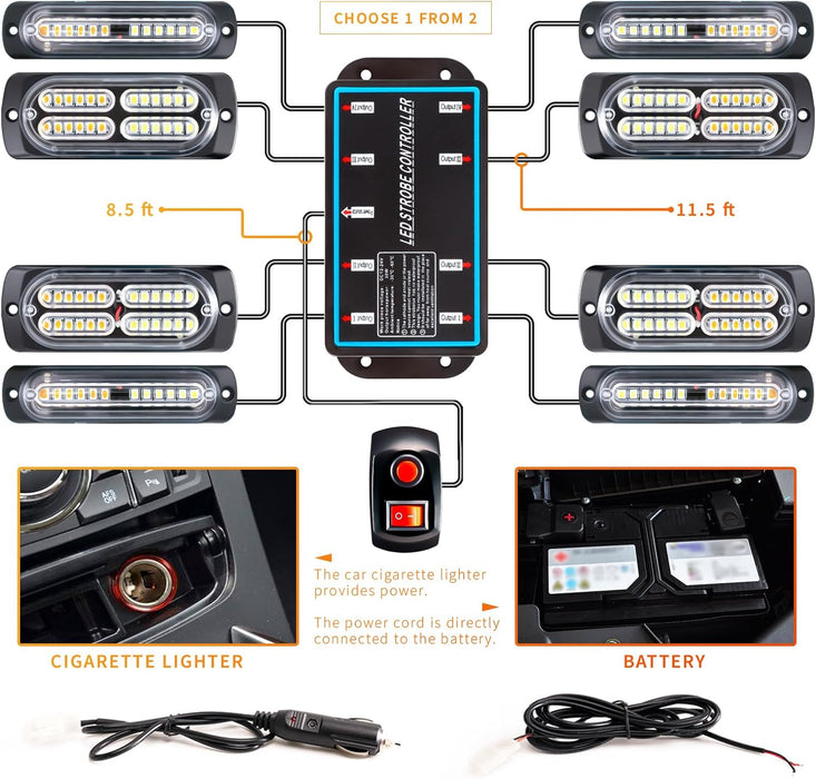 "Ultra Slim LED Emergency Strobe Lights - 8-Pcs Sync Feature for Trucks, Vehicles, Construction - Amber/White"