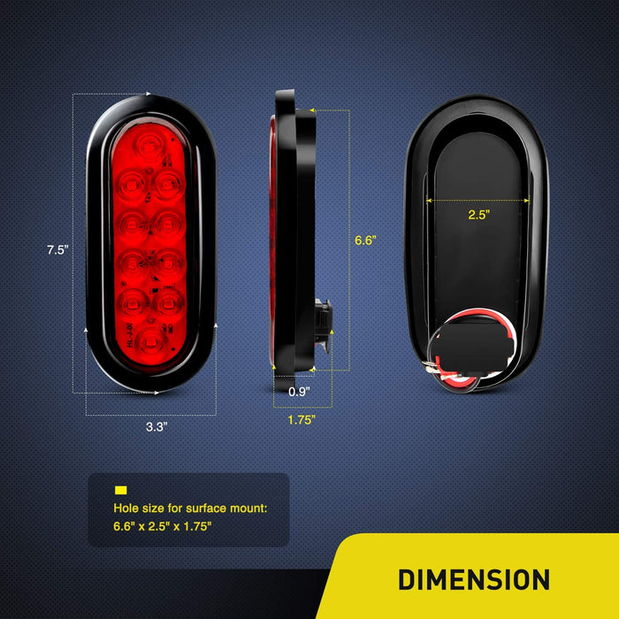 - TL-01 6" Oval Red LED Tail 2PCS W/Surface Mount Grommets Plugs IP65 Waterproof Stop Brake Turn Trailer Lights for RV Truck Jeep