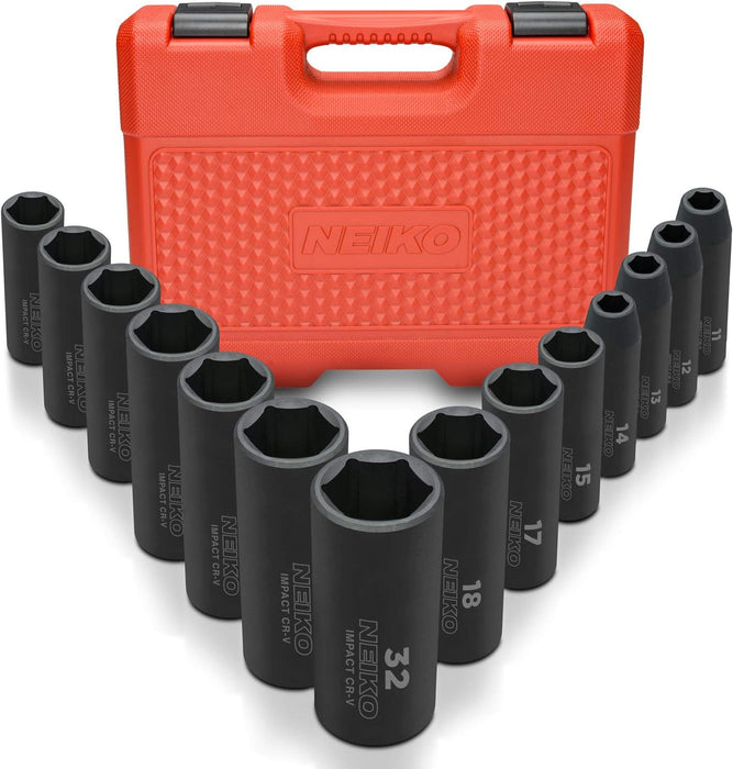 02475A 1/2" Drive Deep Impact Socket Set, 14 Piece | 6 Point Metric Sizes (11-32 Mm) | Cr-V Steel