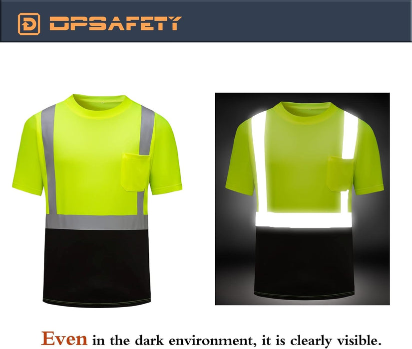 High Visibility Shirts Quick Dry Safety T Shirts with Reflective Strips and Pocket Short Sleeve Mesh Hi Vis Construction Work Class 2 Shirt for Men/Women Black Bottom Lime,Medium