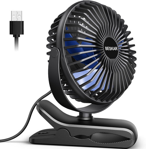 USB Clip on Fan, Portable Small Fan with Cord Powered, 3 Speeds Strong Airflow, with Sturdy Clamp, Quiet Personal Desk Fan