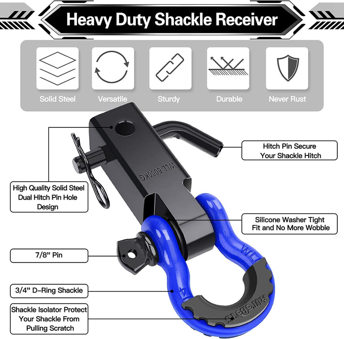 Shackle Hitch Receiver 2", 45,000 Lbs Break Strength Heavy Duty Receiver with 5/8" Screw Pin, 3/4" D Ring Shackles, Towing Accessories for Vehicle Recovery Off-Road, Blue&Black