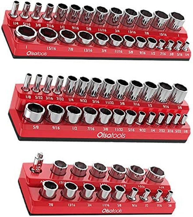 Magnetic Socket Organizers | 3 Piece Set Socket Holder Kit | 1/2-Inch, 3/8-Inch, & 1/4-Inch Drive | SAE Red | Holds 68 Sockets | Professional Quality Tools Organizer Part 1150