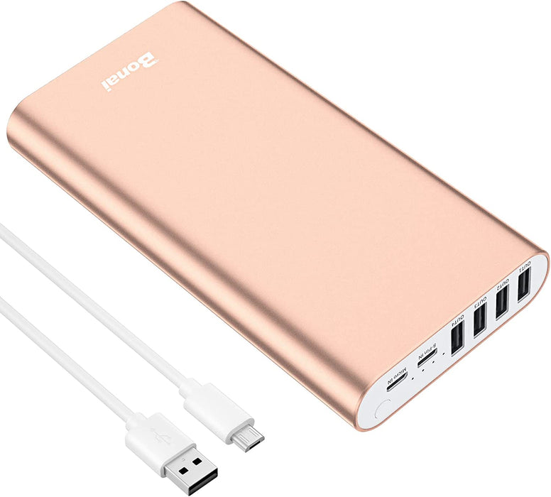 Portable Charger 20000Mah Power Bank 4 USB Outputs Aluminum Polymer Portable Battery Charger 2.0A Max Input Compatible with Iphone 13 11 XR for Road Trips Camping Picnic - Rose Gold