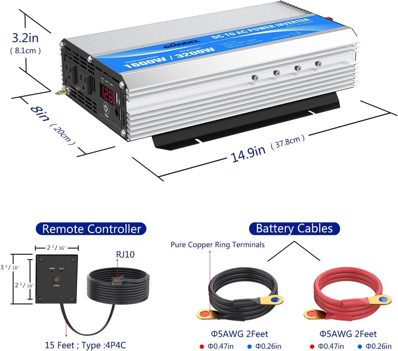 1600Watt Power Inverter Modified Wave DC 12Volt to AC 120Volt with Remote Control & LED Display and 2.4A USB Port for Trucks Boats RV & Emergency