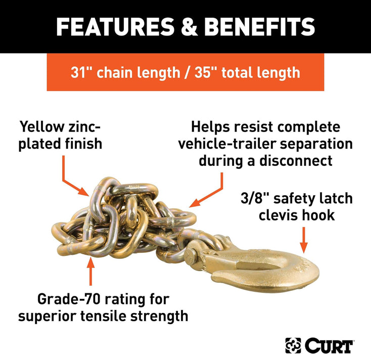 80316 35-Inch Trailer Safety Chain with 3/8-In Clevis Snap Hook, 24,000 Lbs Break Strength, YELLOW ZINC