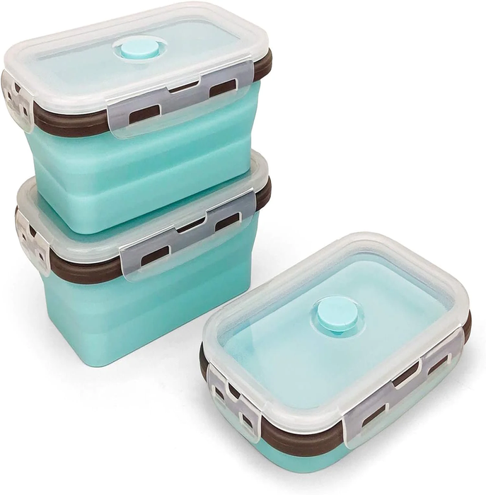 Set of 3 Collapsible Food Storage Containers with Lids, Collapsible Silicone Bowls, Silicone Lunch Containers, for Meal Prep, Camping, Travel, Microwave and Freezer Safe,500Ml,Blue