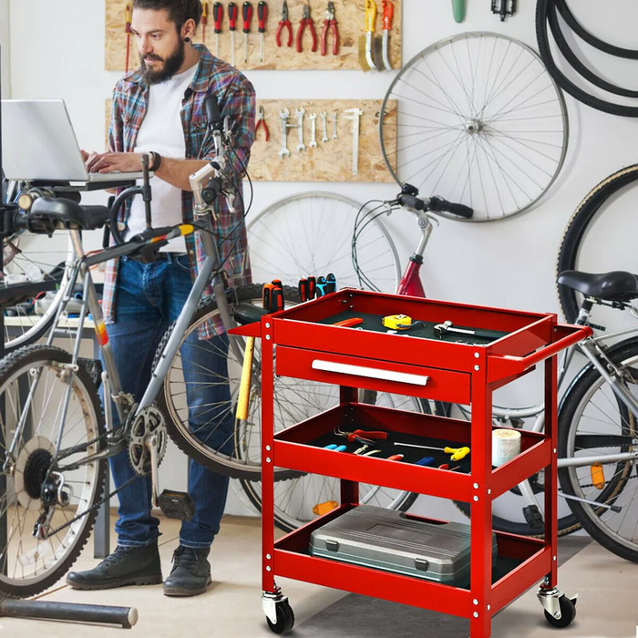 Three Tray Rolling Tool Cart Mechanic Cabinet Storage Toolbox Organizer W/Drawer