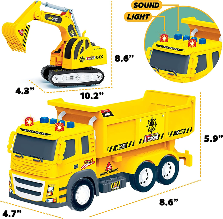 2 Pack Construction Toy Trucks - 1:12 SCALE Dump Truck + Excavator Truck with Lights and Sounds, Push and Go Realistic Big Truck Toy, Construction Vehicle Excavator Toy for Boys Ages 3, 4, 5, 6, 7, 8+