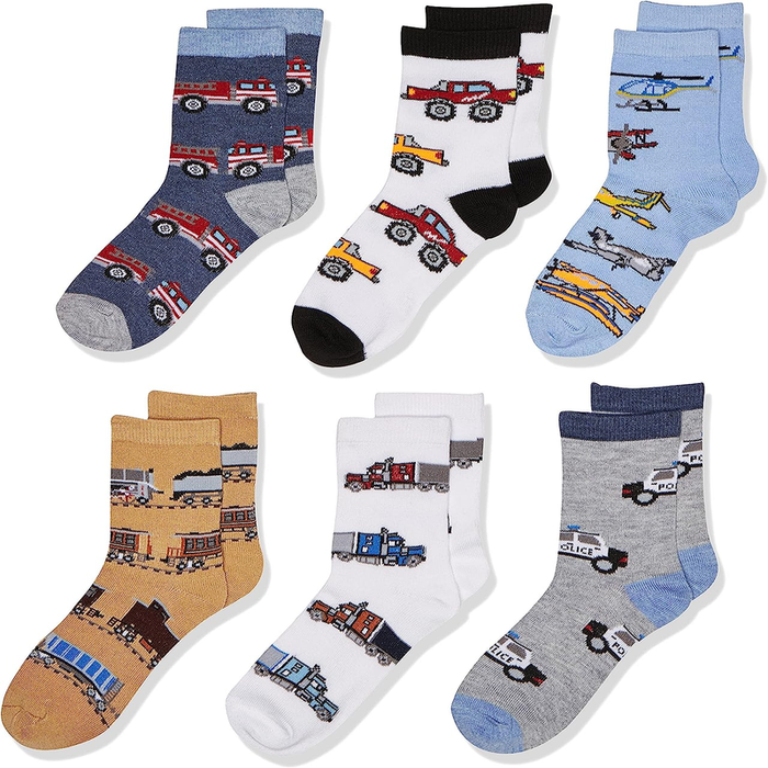 Little Boys Trains Trucks Cars Pattern Crew Socks 6 Pack