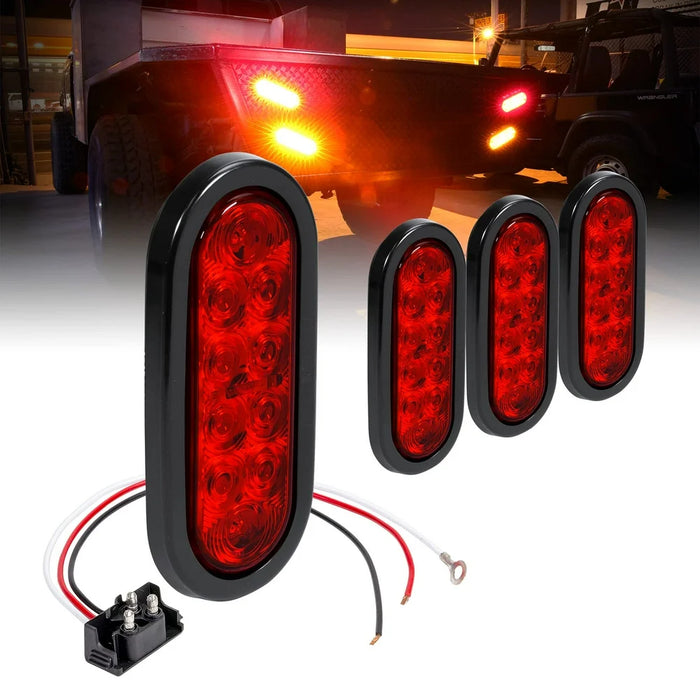 4Pc 6" Oval Red LED Trailer Tail Lights [DOT Certified] [Grommet & Plug Included] [IP67 Waterproof] Turn Stop Brake Trailer Lights for RV Jeep Trucks