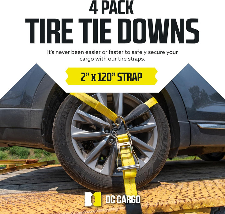 DC Cargo - Tire Straps for Car Trailer 2" X 10' (4 Pack) - 3,333 Working Load Limit - Heavy Duty Tie down System with Lasso Straps for Hauling Cars, Utvs, | Car Tie down Straps for Trailers