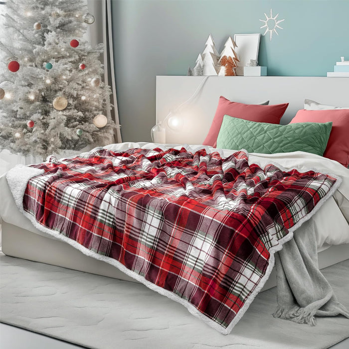 Christmas Plaid Blanket | Sherpa Fleece Flannel Throw Blanket | Christmas Plaid Warm Plush Microfiber Blanket for Couch Sofa | 50X60 Inches