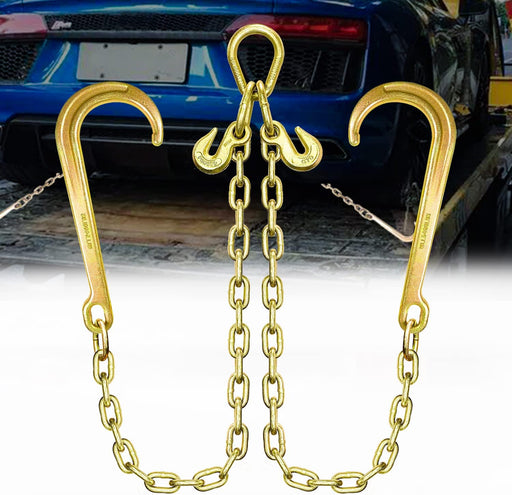 Grade 80 Chain V-Bridle | 3/8In X 2Ft Towing Chain Bridle with J Hooks and Grab Hooks | Bridle Transport Chain with 7,100LBS Safe Working Load | for Flatbed Truck Rollback Wrecker Carrier