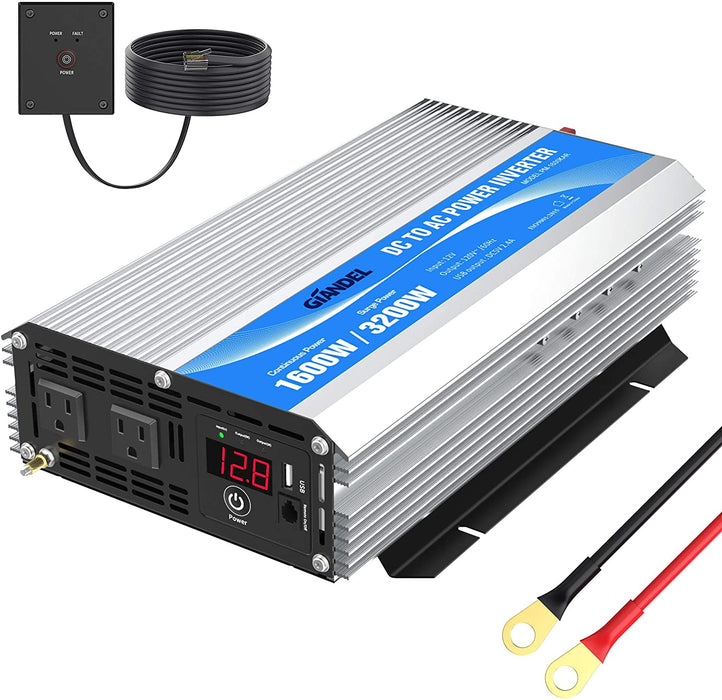 1600Watt Power Inverter Modified Wave DC 12Volt to AC 120Volt with Remote Control & LED Display and 2.4A USB Port for Trucks Boats RV & Emergency