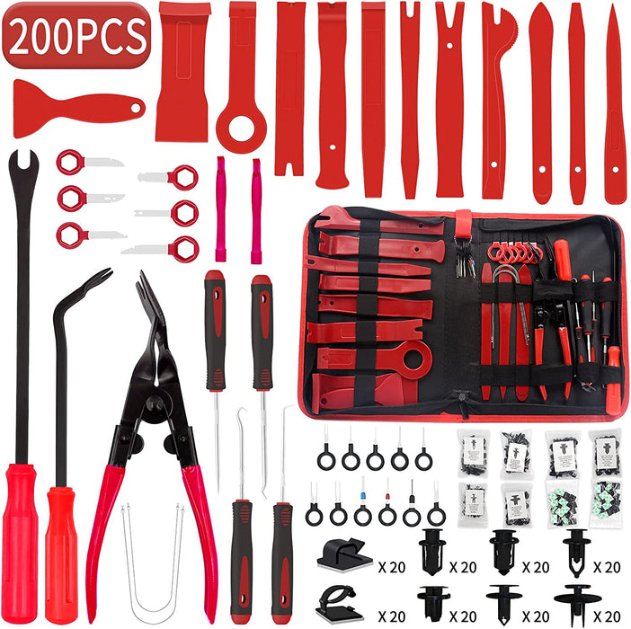 Trim Removal Tool, 200PCS Trim Tool Auto Removal Kit, Plastic Panel Fastener Removal Tool, Trim Removal Kit for Car/Trim/Panel/Door/Audio/Auto Clip Pliers/Terminal Removal Tool Kit (Red)