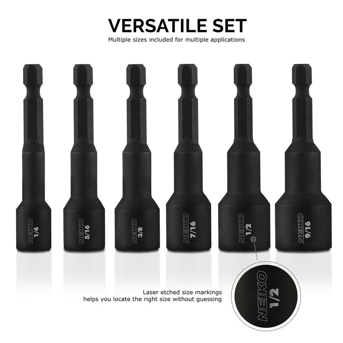 10190A Impact Ready Magnetic Nut Driver Bit Set | 6 Piece | SAE | 1/4” to 9/16” | 2-9/16” Length | Cr-V