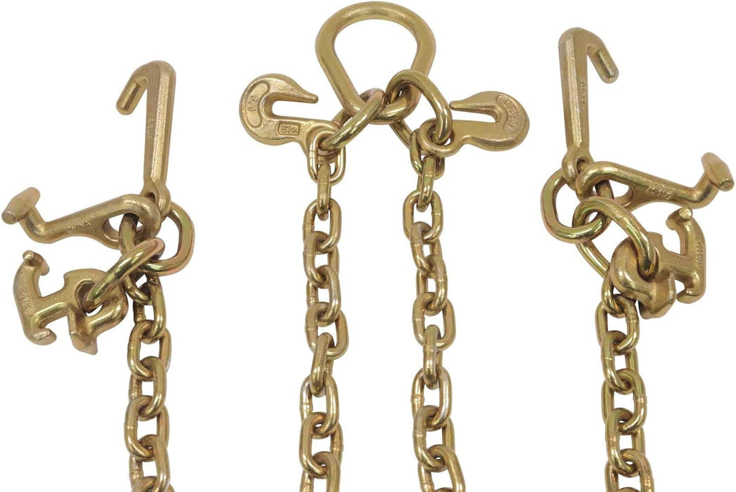 5/16" Grade 70 V-Chain Bridle W/Rtj Cluster Hooks & Grab Hooks - 3' Legs Transport Tow Truck Chains for Car Towing - 4700 LBS WLL - for Flatbed Trailer Wrecker Recovery